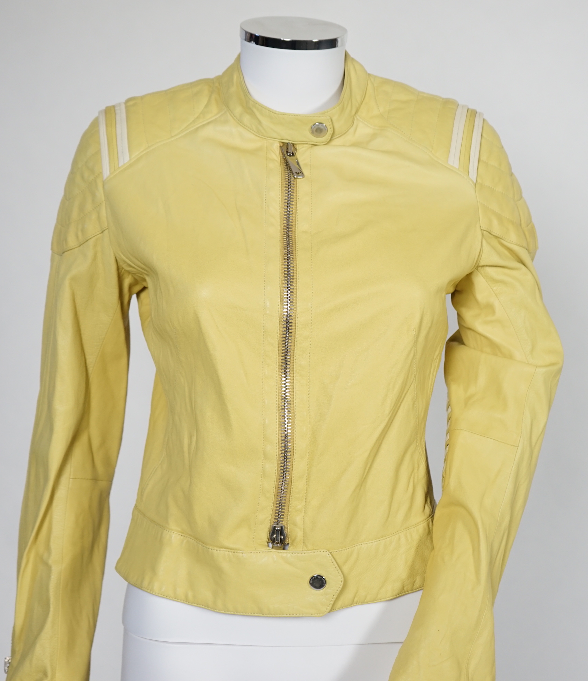 Two Emporio Armani lady's black jackets and one yellow leather biker jacket, long jacket size EU 40, both the others are size EU 42